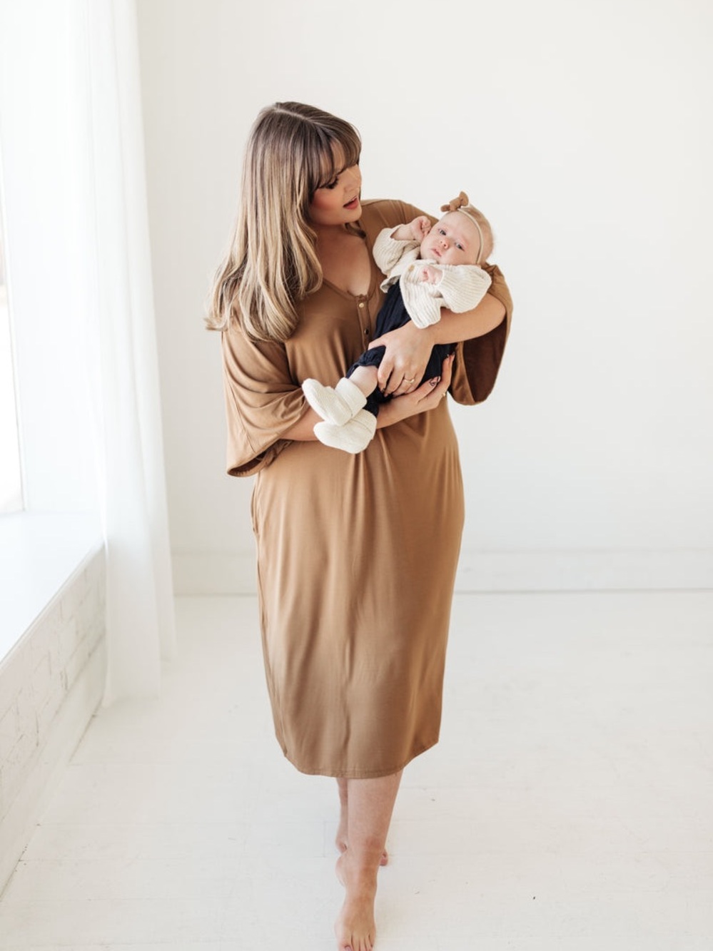Dwell And Slumber Caftan Camel Brown Dress Short Sleeve Stretchy OS